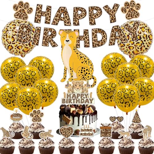 Leopard Geburtstag Deko,Doyomtoy Luftballons mit Leopard Happy Birthday Party Dekoration Gepard Cupcake Topper, Luftballon Dschungelsafari Geburtstag für Kinder Gepard Thema Dekoration 29 Stück von Doyomtoy