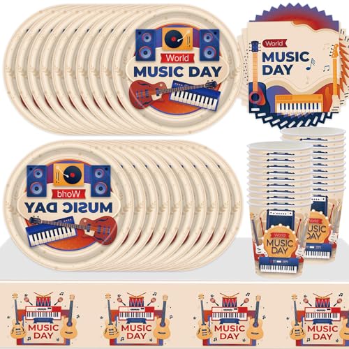 Musik-Geburtstagsparty-Geschirr, Klaviergitarre, Party-Dekoration, Musikgeschirr inklusive Teller, Becher, Papierservietten, Tischdecken (20 Gäste), 61 Stück von Doyomtoy