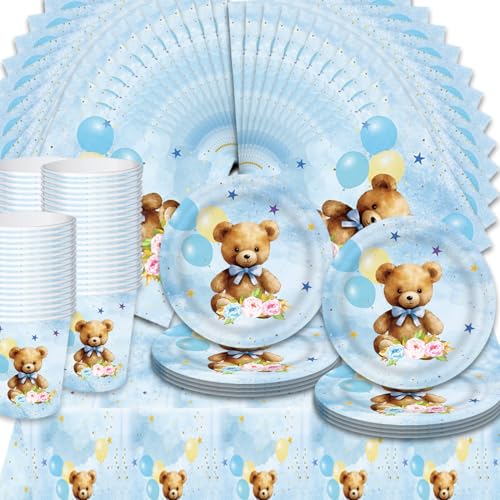 Plüschbär Partygeschirr Set,Doyomtoy Plüschbär Babyparty Deko Serve 20 Gäste Geburtstag Partygeschirr,Tischdecken,Teller,Tassen,Servietten für Partyzubehör Geburtstag von Doyomtoy