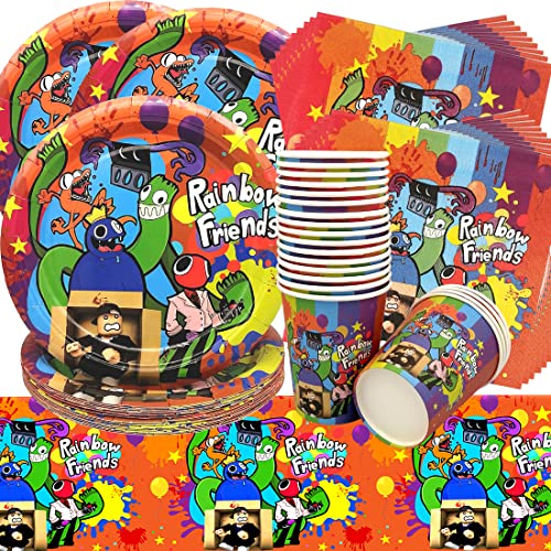 Rainbow Friends Geburtstag Deko,Doyomtoy 61 Stück Partygeschirr Set Geburtstag Party Set Geburtstagsteller Tassen Servietten Geburtstags für Kinder Party Dekoration von Doyomtoy