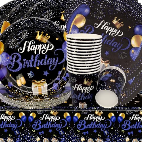 Schwarzblau Partygeschirr,Doyomtoy Geburtstag Deko Baby Geburtstag Blau Tassen Servietten Tischdecke für Kindergeburtstag Party Deko Baby Shower 16 personen von Doyomtoy