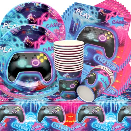 Videospiel Geburtstag Deko,Doyomtoy 53 Stück Partygeschirr Set Videospiel Geburtstag Party Set Geburtstagsteller Tassen Servietten Geburtstags für Spielliebhaber Geburtstagsdeko von Doyomtoy