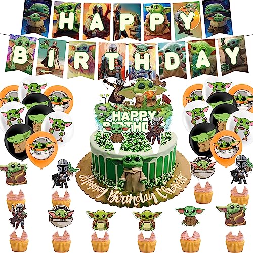 Yoda Party Dekoration-Doyomtoy Baby Yoda Cupcake Toppers 32 Stücke Star Wars Ballon Set Happy Birthday Banner Latexballon für Baby Geburtstag Dekorationen von Doyomtoy