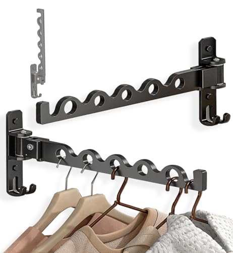 Dr.DJ Wandhalterung Kleiderbügel Halter Mattschwarz Kleiderschrank Trockenorganizer Rack Kleiderhaken Aluminium Einziehbar Faltbar Indoor Wandmontage Kleiderbügel Platzsparend von Dr.DJ