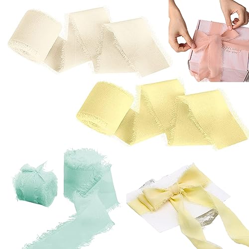 3 Rollen Chiffonband Rollen Chiffonband Mit Fransen Chiffon BäNder Handgemachtes Ausgefranstes Seidenband Dekoband FüR Geschenkverpackung Hochzeit Blumenstrauß Dekoration, Hellblau, Beige, Gelb von DragonX2