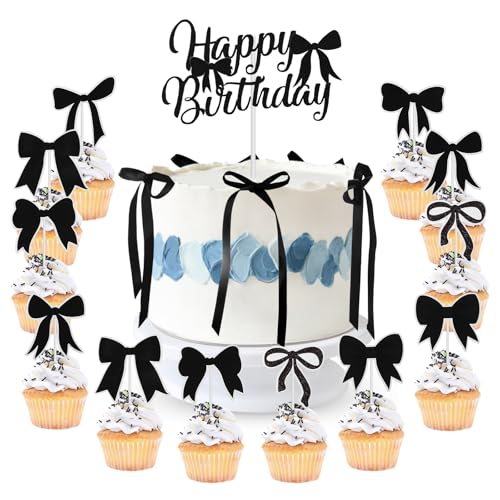 23 Stück Schleife Tortendeko Schwarz, Happy Birthday Cake Topper Deko, Cupcake Topper Schleifen, Tortendeko Geburtstag Kuchendekorationen für Geburtstag Hochzeit Party 23 Stück Schleife Tortendeko Schwarz, Happy Birthday Cake Topper Deko, Cupcake Topper Schleifen, Tortendeko Geburtstag Kuchendekorationen für Geburtstag Hochzeit Party von Draupnir