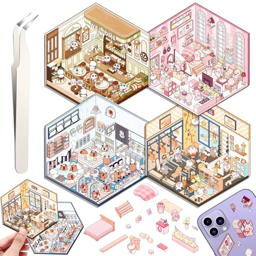 4 Sets DIY 3D House Stickers, DIY Haus Aufkleber Stickers Machen Sie Ihren Eigenen, Supermarkt, Kaffeehaus, Buchhandlung, Restaurant, Cute 3D Scene Sticker Set mit 1 Pinzetten 4 Sets DIY 3D House Stickers, DIY Haus Aufkleber Stickers Machen Sie Ihren Eigenen, Supermarkt, Kaffeehaus, Buchhandlung, Restaurant, Cute 3D Scene Sticker Set mit 1 Pinzetten von Draupnir