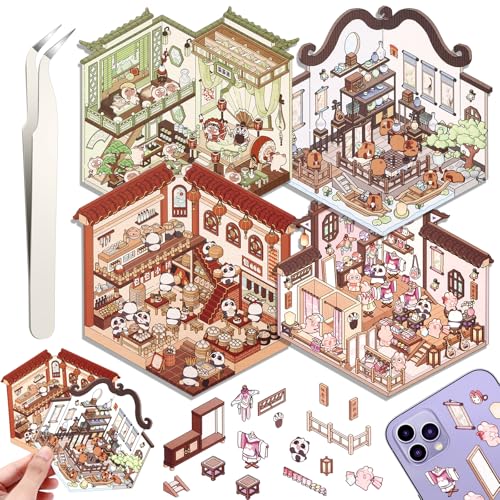 4 Sets DIY 3D House Stickers, DIY Haus Aufkleber Stickers Machen Sie Ihren Eigenen, Supermarkt, Kaffeehaus, Buchhandlung, Restaurant, Cute 3D Scene Sticker Set mit 1 Pinzetten 4 Sets DIY 3D House Stickers, DIY Haus Aufkleber Stickers Machen Sie Ihren Eigenen, Supermarkt, Kaffeehaus, Buchhandlung, Restaurant, Cute 3D Scene Sticker Set mit 1 Pinzetten von Draupnir