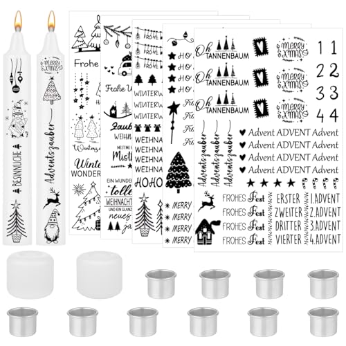 Draupnir 5 PCS Kerzentattoos Weihnachten, A5 Weihnachten Kerzen Tattoo, Wasserschiebefolie Kerzen mit 2 Silikonform und 10 Metall Kerzenständer, Dekorieren, DIY Geschenk von Draupnir