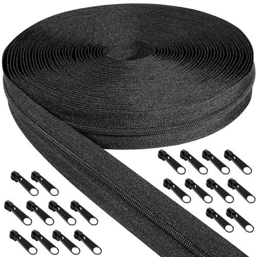 Endlos Reissverschluss Schwarz mit Zipper, 5mm 10m Nylon Endlosreißverschluss Meterware und 20 Schwarz Zipper aus Metall für Kleidung Tasche Mäppchen Bettwäsche von Draupnir