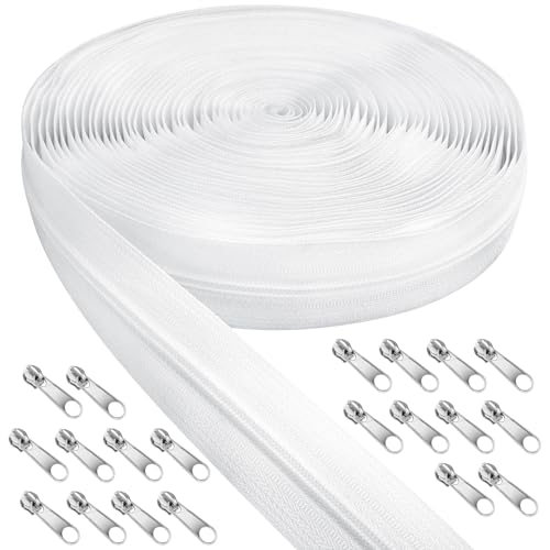 Endlos Reissverschluss Weiß mit Zipper, 5mm 10m Weiß Nylon Endlosreißverschluss Meterware und 20 Silber Zipper aus Metall für Kleidung Tasche Mäppchen Bettwäsche von Draupnir