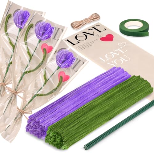 Pfeifenreiniger Blumen Set 200 Stück Pfeifenputzer zum Basteln Lila und Grün Pipe Cleaner Flower Set mit Grünem Bastelfaden, Geschenkband, Klebeband und Blumenstrauß Papier für Blumenstrauß DIY Dekor von Draupnir