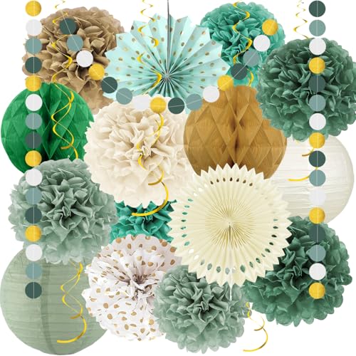 24 Stück Salbeigrün Party Dekorationen, Seidenpapier Pompons Grün Creme Gold Beige und Dots Papier Girlande, Pom Poms Papierlaterne für Hochzeit, Taufe, Geburtstag, Gartenparty Deko von Draupnir