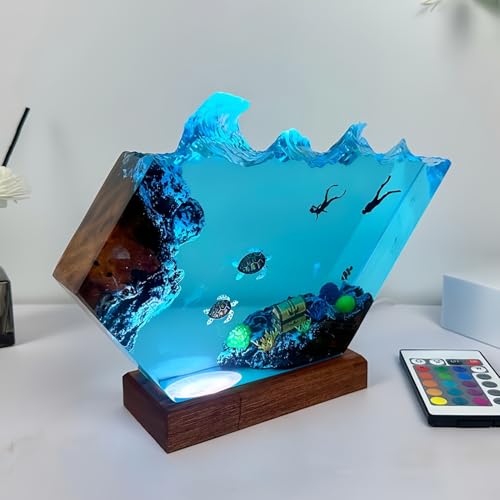 Drawelry 3D Epoxidharz Ozeanfigur Ornamente mit Holzsockel, LED Buntes Nachtlicht, Harz Ozean Tier Statue Hai Wale Pinguin Oktopus Figuren Skulptur Kunsthandwerk Mini Meere Aquarium Dekoration (B3, S) von Drawelry
