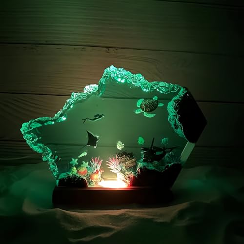 Drawelry 3D Epoxidharz Ozeanfigur Ornamente mit Holzsockel, LED Buntes Nachtlicht, Harz Ozean Tier Statue Hai Wale Pinguin Oktopus Figuren Skulptur Kunsthandwerk Mini Meere Aquarium Dekoration (B4, M) von Drawelry