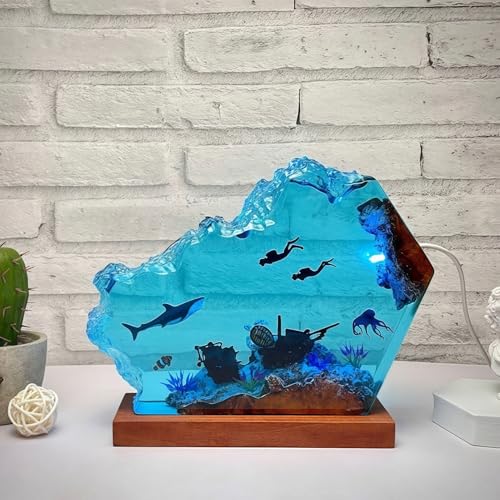 Drawelry 3D Epoxidharz Ozeanfigur Ornamente mit Holzsockel, LED Buntes Nachtlicht, Harz Ozean Tier Statue Hai Wale Pinguin Oktopus Figuren Skulptur Kunsthandwerk Mini Meere Aquarium Dekoration (B5, S) von Drawelry