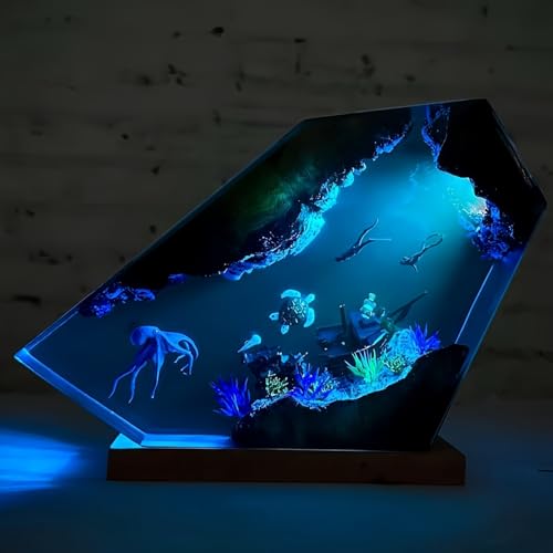 Drawelry 3D Epoxidharz Ozeanfigur Ornamente mit Holzsockel, LED Buntes Nachtlicht, Harz Ozean Tier Statue Hai Wale Pinguin Oktopus Figuren Skulptur Kunsthandwerk Mini Meere Aquarium Dekoration (B6, L) von Drawelry