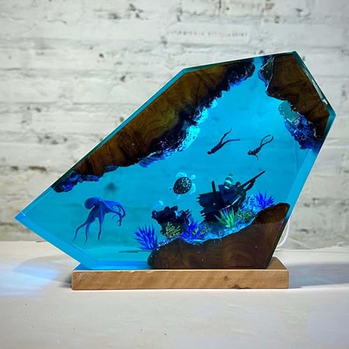 Drawelry 3D Epoxidharz Ozeanfigur Ornamente mit Holzsockel, LED Buntes Nachtlicht, Harz Ozean Tier Statue Hai Wale Pinguin Oktopus Figuren Skulptur Kunsthandwerk Mini Meere Aquarium Dekoration (B6, S) von Drawelry