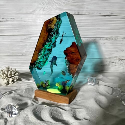 Drawelry 3D Epoxidharz Ozeanfigur Ornamente mit Holzsockel, LED Buntes Nachtlicht, Harz Ozean Tier Statue Hai Wale Pinguin Oktopus Figuren Skulptur Kunsthandwerk Mini Meere Aquarium Dekoration (B7, S) von Drawelry