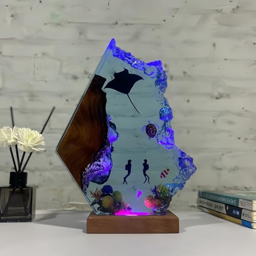 Drawelry 3D Epoxidharz Ozeanfigur Ornamente mit Holzsockel, LED Buntes Nachtlicht, Harz Ozean Tier Statue Hai Wale Pinguin Oktopus Figuren Skulptur Kunsthandwerk Mini Meere Aquarium Dekoration (B8, M) von Drawelry