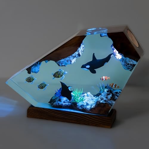 Drawelry 3D Epoxidharz Ozeanfigur Ornamente mit Holzsockel, LED Buntes Nachtlicht, Harz Ozean Tier Statue Hai Wale Pinguin Oktopus Figuren Skulptur Kunsthandwerk Mini Meere Aquarium Dekoration (B9, M) von Drawelry
