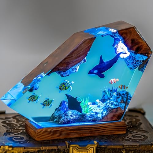 Drawelry 3D Harz Ozean Tier Figuren Nachtlicht Ornamente mit Holz Sockel USB-Kabel Epoxidharz Marine Statue Dekoration Mehrfarbige LED Nacht Lampe für Wohnzimmer Schlafzimmer Kinderzimmer Deko (A6) von Drawelry