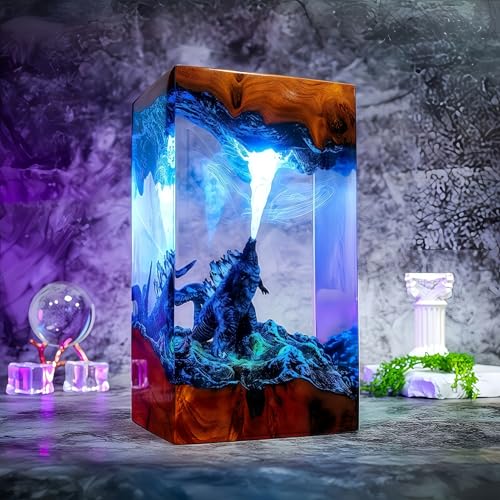 Drawelry 3D Monster Harz Nachtlicht Ornamente mit Holz Basis LED Nacht Lampe Dekoration Epoxidlampe Tischlampe Heim Büro Dekor Valentinstag Geburtstag Geschenk für Familie Freunde (D2) von Drawelry