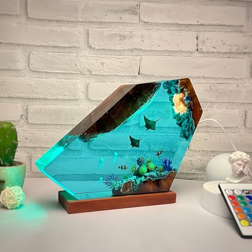 Drawelry 3D Ozean Epoxidharz Nachtlicht Ornamente mit Holz Sockel Remote Control Einstellbare Helligkeit 5 Farben Marine Leben Skulptur LED Tisch Lampe für Heim Büro Dekor Geburtstags Geschenk (A10) von Drawelry