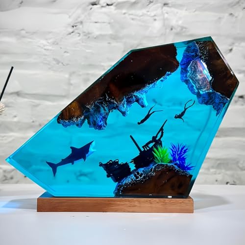 Drawelry 3D Ozean Epoxidharz Nachtlicht mit Holz Sockel Remote Control Einstellbare Helligkeit, Marine Leben Skulptur Tisch 5 Farben LED Lampe Ornamente für Heim Büro Dekor Geburtstags Geschenk (A4) von Drawelry