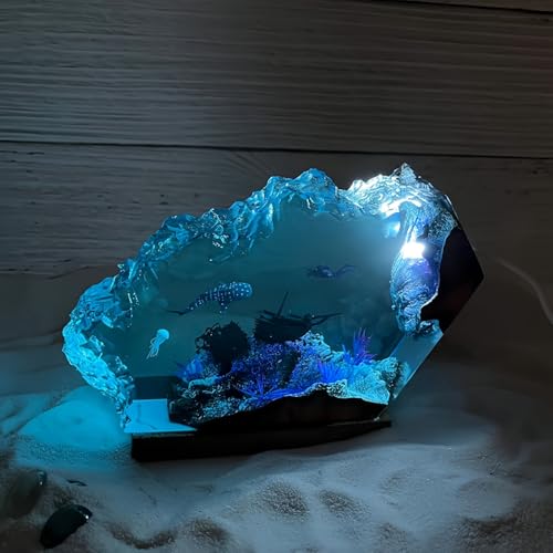 Drawelry 3D Ozean Figur Harz Statue Ornamente mit Holzsockel LED Nachtlicht Epoxidharz Meerestier Hai Wale Oktopus Taucher Figuren Skulptur Mini Meere Aquarium für Zuhause, Büro, Tisch Deko (C7) von Drawelry