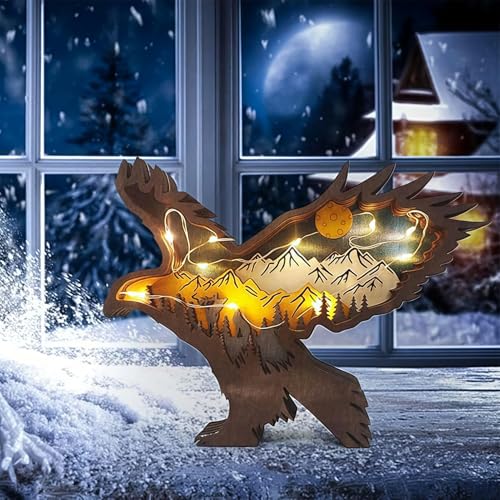 Drawelry 3D Waldtiere Holzstatue Ornament mit LED Nachtlicht Holzhandwerk Panda Wolf Fuchs Adler Elefant Eisbär Holz Tiere Schnitzerei Skulptur für Home Schlafzimmer Kinderzimmer Desktop Dekor (Adler) von Drawelry