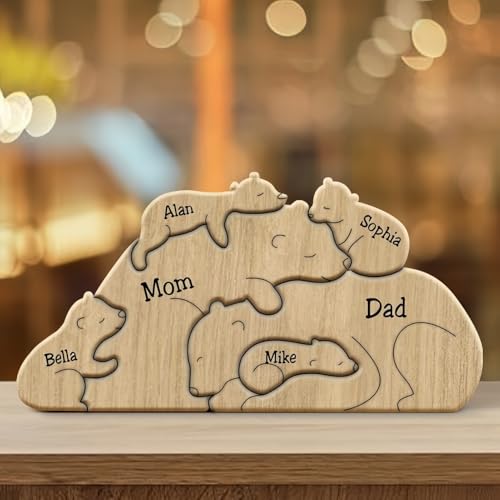 Drawelry Personalisierte Bär Statue Holzpuzzle mit 2-9 Namen Gravur Dekoration Holz Handwerk Bären Familie Skulptur Puzzle Deko Ornament Weihnachte Geburtstag Geschenk für Familie Freunde Paare (A12) von Drawelry
