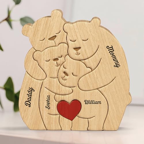 Drawelry Personalisierte Bär Statue Holzpuzzle mit 2-9 Namen Gravur Skulptur Dekoration Holz Bären Familien Kulptur Puzzle Deko Ornament Weihnachten Geburtstag Geschenk für Familie Freunde Paare (A1) von Drawelry