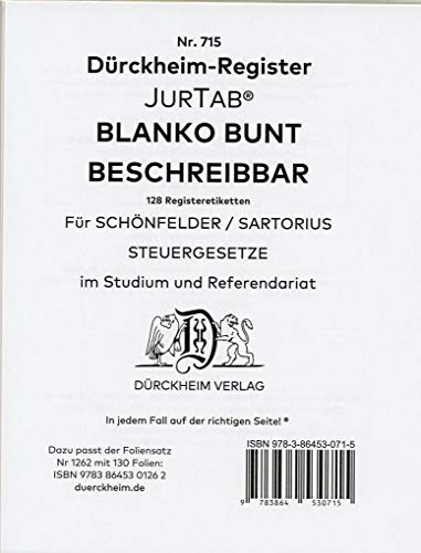 DürckheimRegister BLANKO: FARBE beschreibbar für Gesetzestexte mit Stichworten: 188 beschreibbare Registeretiketten (sog. Griffregister) für Gesetzessammlungen von Drckheim Verlag GmbH