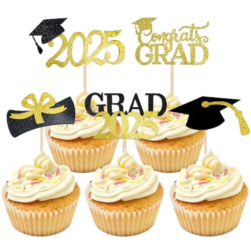 25 Stücke Glitzer 2025 Graduation Cupcake Toppers für Graduation Deko, Bachelor Geschenk Abschluss Deko Bachelor Hut Deko für Abschlussfeier Party Graduation Dekoration von Dreaku