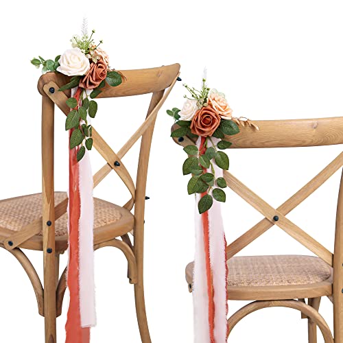 DreamBuilt Hochzeit Gang Dekorationen für Hochzeit Zeremonie 10er Set Kirchenblumen für Kirche Stuhl Dekorationen Party Dekor mit künstlichen Blumen Eukalyptus und Bändern Terrakotta von DreamBuilt