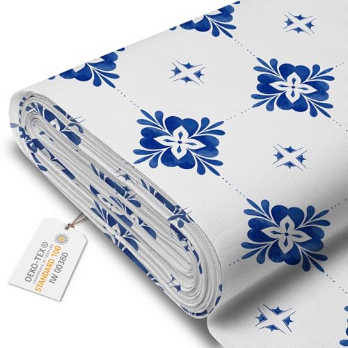 DreamRoots Segeltuch Wasserdicht - Polsterstoff Meterware 160 cm breit - Wasserabweisender Stoff 220 g/m2 600D - Markisenstoff Wasserdicht Meterware Blue Tiles Laufmeter von DreamRoots
