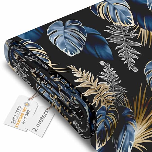DreamRoots Segeltuch Wasserdicht - Polsterstoff Meterware 160 cm breit - Wasserabweisender Stoff 220 g/m2 600D - Markisenstoff Wasserdicht Meterware Blue and Gold Tropical 2M von DreamRoots