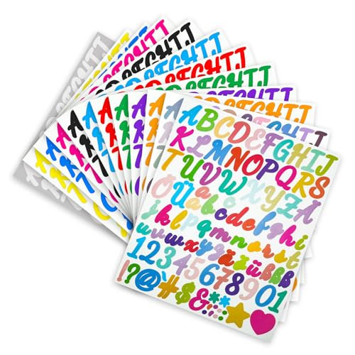 1008 Stück 12 Blätter Selbstklebende Buchstaben & Zahlen Aufkleber, Handschrift Vinyl Wetterfest, Alphabet Sticker für Briefkasten, Tür, Schilder, Adressnummer, DIY Scrapbooking, 12 Farben von Dreamark