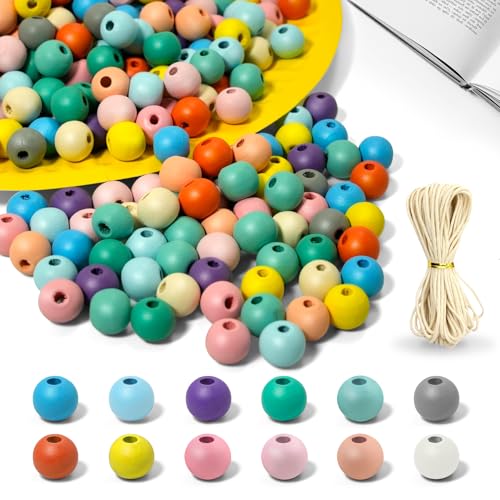 400 Stück Holzperlen 10mm Bunt Mit Loch, Runde Bastelperlen Aus Holz Zum Auffädeln Mit 10m Gewachster Schnur, 12 Farben, Für Kinder & Erwachsene, DIY Schmuckherstellung Armbänder Halsketten Deko von Dreamark