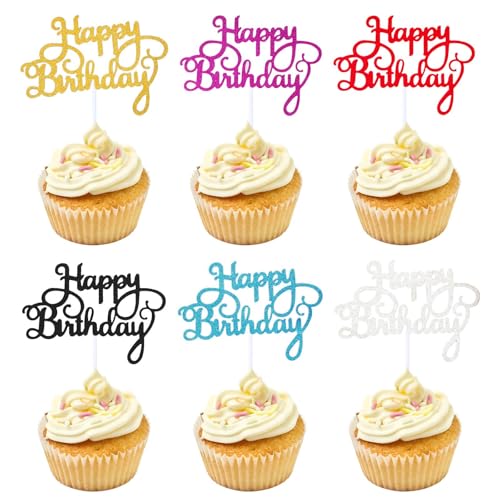 Dreamil Happy Birthday Cake Topper 12 Stück 6 Farben Glitzer Happy Birthday Cake Kuchendekoration Glitzer Cupcake Tortenstecker für Babyparty Jubiläen Party Dekoration von Dreamil