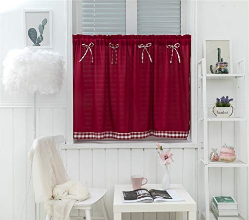 Dreamskull Kurzstores Gardinen Kleinfenster Kurz Landhausstil Vintage Blickdicht Scheibengardinen Kurzgardinen Vorhang Kurzvorhang Modern Küche Kariert 90cm hoch 2er Set Wohnzimmer (Weinrot) von Dreamskull