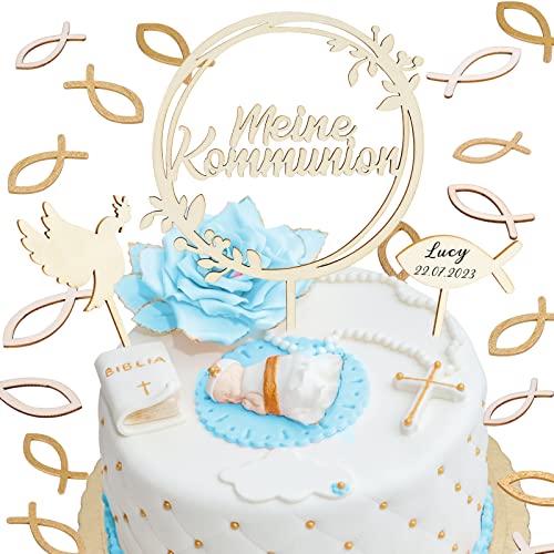 Dreamtop 3 Stück Cake Topper Konfirmation Tortendeko Cake Topper Kommunion Cake Topper Meine Konfirmation Taufe Cake Topper Firmung Holz 36 Pcs holzfische Streudeko für Junge Mädchen von Dreamtop