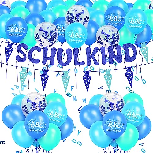 Dreamtop Einschulung Deko Junge Schulkind Deko Junge Blau - Schulkind Zuckertüte Girlande Latex Ballons Paillettenballons Buchstaben Konfetti Schulkind 2023 junge deko Blau Set von Dreamtop