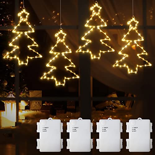 DreiWasser Beleuchtet LED Fensterdeko Batteriebetrieben 2 Stück mit 1m Zuleitung und Timer für Fenster Beleuchtung Deko (4 Stück Weihnachtsbaum) von DreiWasser