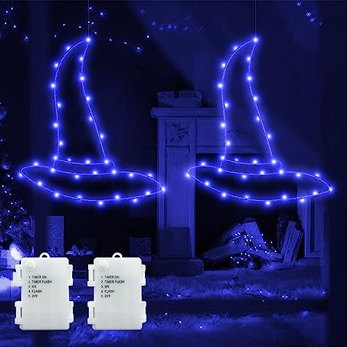 DreiWasser Beleuchtet LED Fensterdeko Zauberhut Kaltes Lila Batteriebetrieben, 2 Stück 60 LED Zauberhüte Halloween mit 1m Zuleitung und Timer für Fenster Beleuchtung Deko Hängen Halloween Deko von DreiWasser