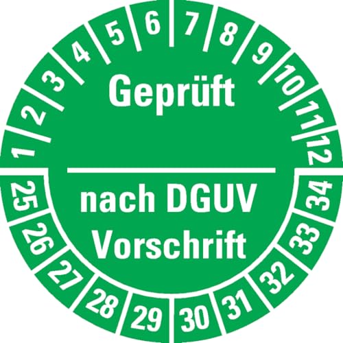 Dreifke® Aufkleber I Prüfplakette Geprüft nach DGUV Vorschrift 25-34, grün, Dokufolie, Ø 25mm, 21 Stück von Dreifke