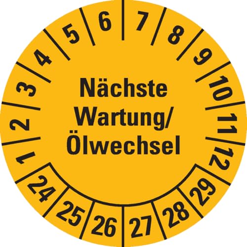 Dreifke® Aufkleber I Prüfplakette Nächste Wartung/Ölwechsel 24-29, gelb, Dokumentenfolie, Ø30mm, 18 Stück von Dreifke