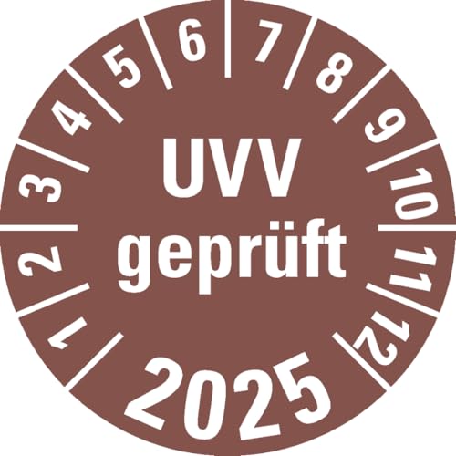Dreifke® Aufkleber I Prüfplakette UVV geprüft 2025, braun, Dokumentenfolie, selbstkl., Ø30mm, 18 Stück von Dreifke