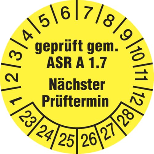 Dreifke® Aufkleber Prüfplakette, ASR A1.7 Nächster Prüftermin, gelb/schwarz, Folie, Ø 30 mm - Bogen = 10 Plaketten, Folie selbstklebend 10 Stk. von Dreifke
